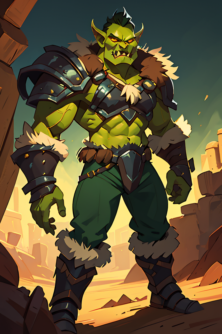 392535-1892019562-Impasto,digital art, 1man, cowboy shot of muscular hewoworc, green skin, fangs, tusks, black armor, pants, fur trim, pauldrons,.png